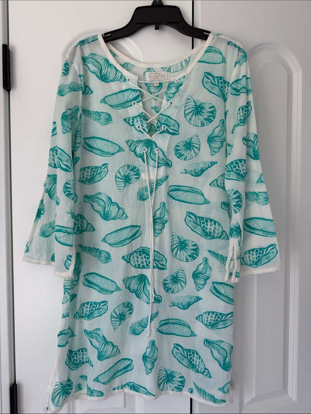 Mud Pie Front Tie Up Swim Cover Up- White/ Turquoise Seashells